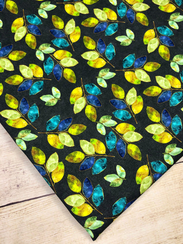 Stained Glass Leaves Blue Green Multi Cotton Spandex